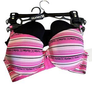 Hurley Women’s‎ Striped Bra 36C - 2 Pack Underwire Padded Pink and Black